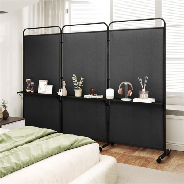 3-Panel Folding Divider with Lockable Wheels and 3 Metal Shelves Black