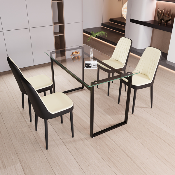 51" 4 person glass dining table set, kitchen set with black metal leg dining table and chairs, modern rectangular tempered glass tabletop and dining room thick cushioned PU dining chair 