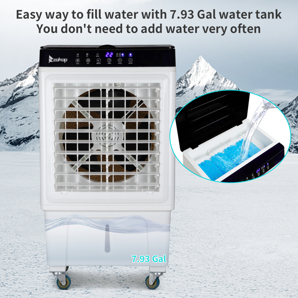 ZOKOP-3 in 1 Portable Evaporative Cooler,Indoor,Outdoor,2353CFM Personal Air Cooler with remote ,7.93 Gal Large Water Tank & Scroll Casters, 4 Ice Packs,White