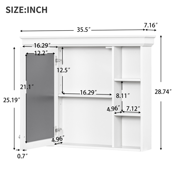 35'' x 28'' White Wall Mounted Bathroom Storage Cabinet with Mirror Door, Modern Bathroom Wall Cabinet with Mirror, Medicine Cabinet with 6 Open Shelves