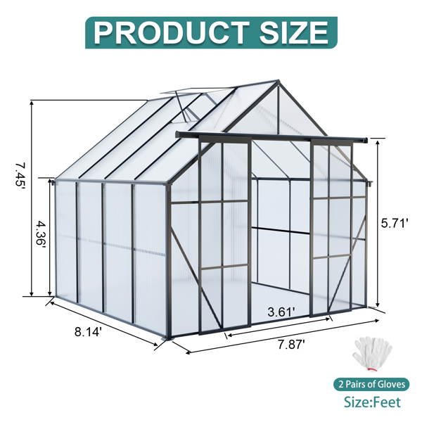 8x8 FT Double Door Polycarbonate Greenhouse Raised Base and Anchor Aluminum Heavy Duty Walk-in Greenhouses for Outdoor Backyard in All Season,Black