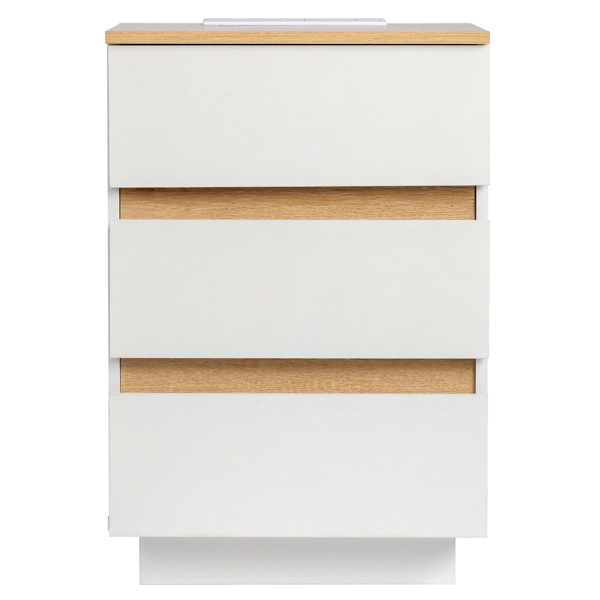 FCH Embossed White + Embossed Oak E1 Particleboard 12MM Handle-free 38*32*56cm 3 drawers Bedside table British standard socket 1pc