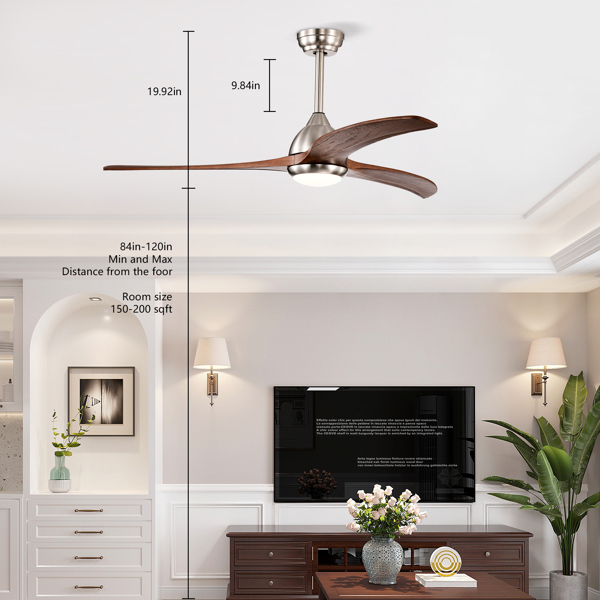 52" Solid Wood Blades Ceiling Fan With Light with Remote Control, Noiseless Reversible Motor, 6 Speed ,3 Color , for Patio Living Room, Bedroom, Indoor.(Stain nickel + Walnut )