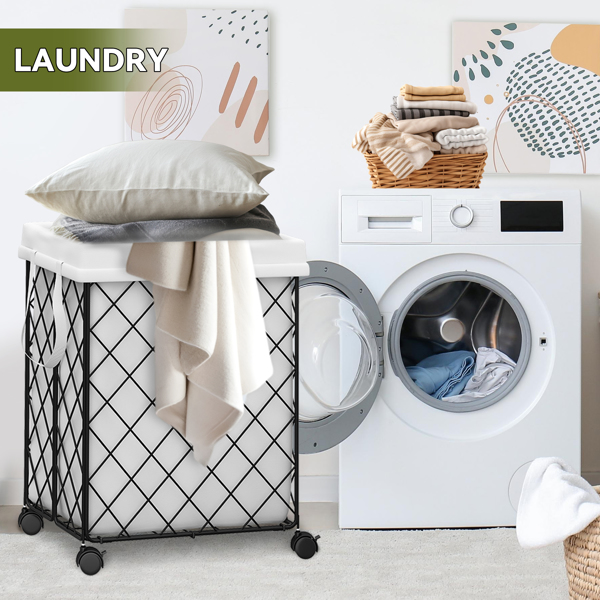 Laundry Basket with Wheels, Rolling Laundry Hamper, Detachable and washable lining, metal frame, suitable for bedrooms, bathrooms, laundry rooms, white