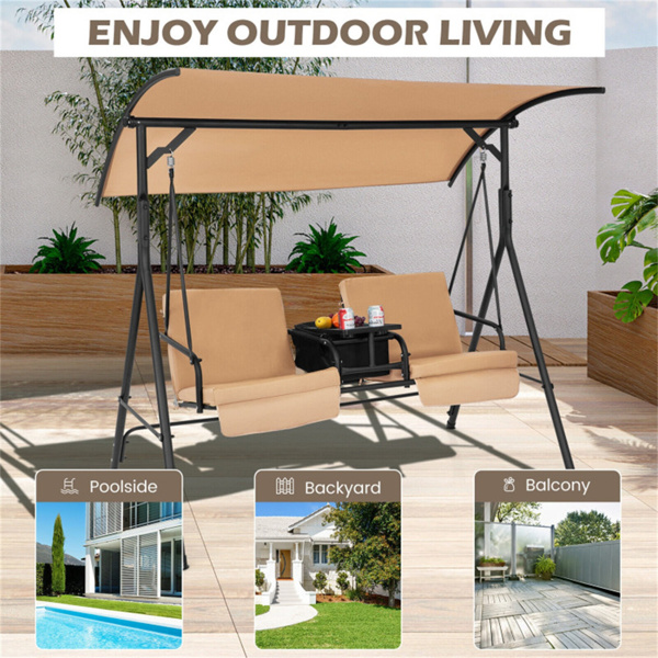 2 Seater Porch Swing Chair with Handy Storage and 360° Rotatable Tray