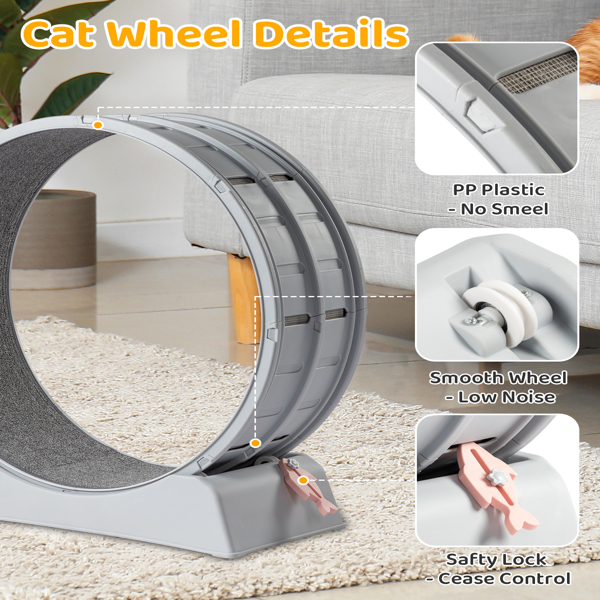 Cat Exercise Wheel, 31 inch Cat Wheels for Indoor Cats, Cat Treadmill Wheel Exerciser with Carpeted Runway, Plastic Cat Running Wheel for Cats Daily Exercise and Weight Loss, Gray