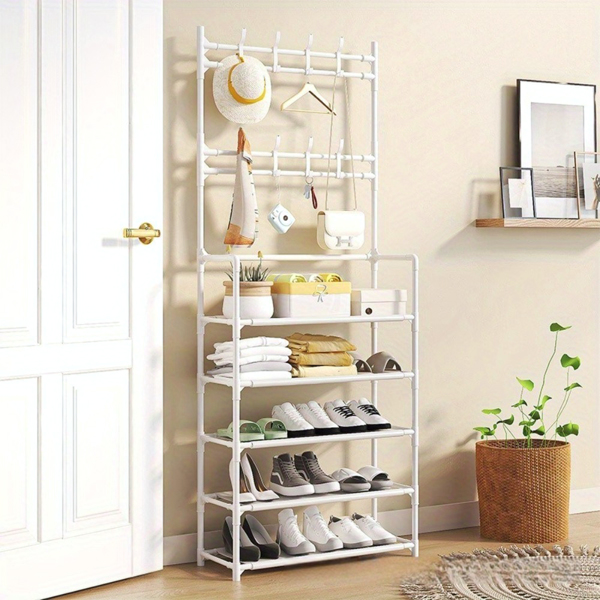 5-Tier Multi-Functional Shoe Rack & Coat Stand – Freestanding Entryway Organizer for Shoes, Boots, Hats & Coats, Fits 10-15 Pairs, Ideal for Bedrooms, Hallways & Dorms