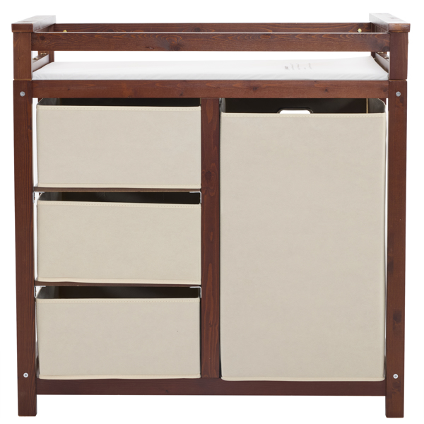 FCH Wooden Frame Removable Top Brown Painted Pine Children's Cot with 3 Fabric Drawers + 1 Fabric Bag