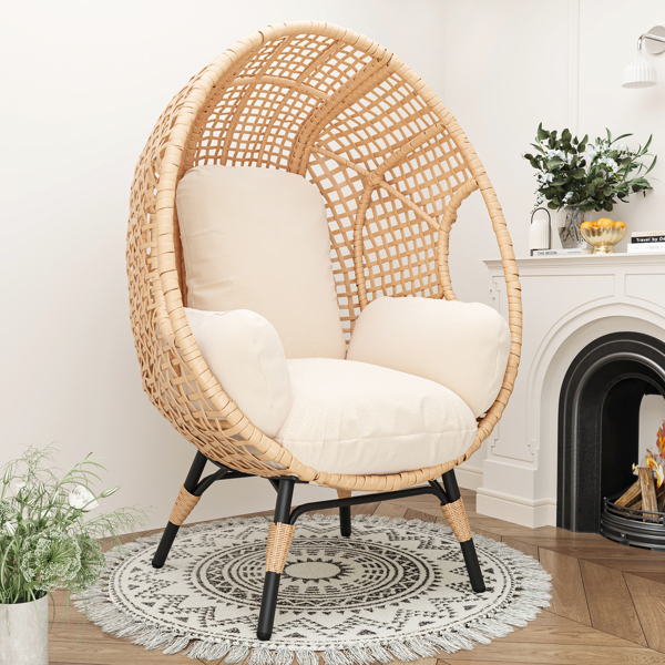 New Grid Style  PE Wicker Weaving Patio Egg Chair with Natural Color Rattan Beige Cushion and Table