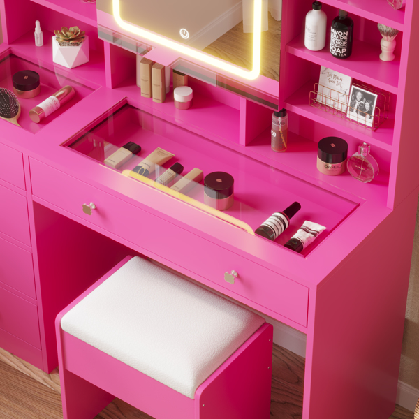 Barbie Pink Textured Particle Board with Melamine Laminate, Tempered Glass Top, Five-Drawer Dressing Table Set with Shelves, Hooks, Power Strip, and LED Three-Color Dimmable Light