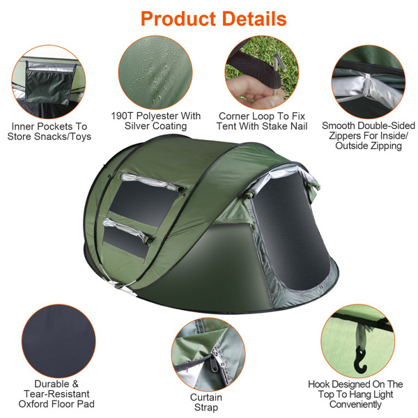 5-8 Person Pop Up Tent Automatic Setup Camping Tent Waterproof Instant Setup Tent with 4 Mosquito Net Windows Carrying Bag for Hiking Climbing Adventure Fishing