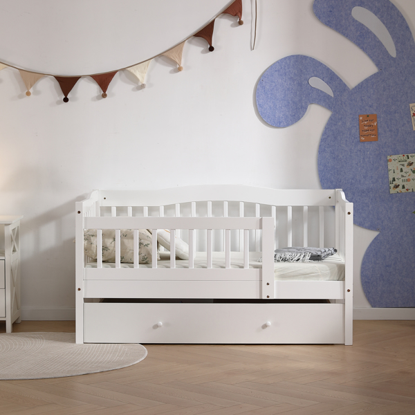 FCH Vertical Fence White Painted Pine Toddler Bed with Bottom Drawer and Side Car Bed