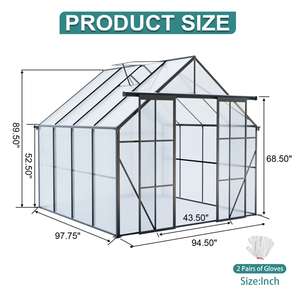 8x8 FT Double Door Polycarbonate Greenhouse Raised Base and Anchor Aluminum Heavy Duty Walk-in Greenhouses for Outdoor Backyard in All Season,Black