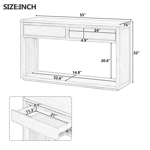 55" Console Table, Rustic Wooden Entryway Table with Storage Drawers and Open Shelf, Elegant Sofa Table for Hallway and Living Room (Espresso)