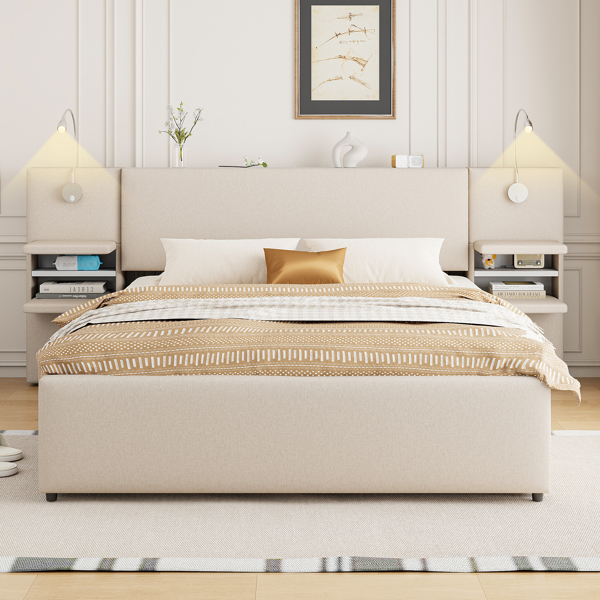 Queen Size Upholstered Platform Bed with Reading Lights, Drawers, Trundle and Shelves, Beige