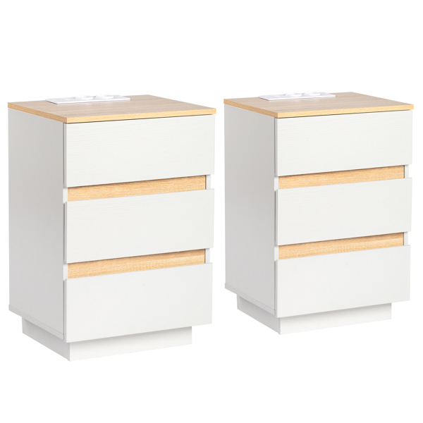 FCH embossed white + embossed oak E1 particle board 12MM handle-free 38*32*56cm 3 drawers bedside table European standard socket 1pc