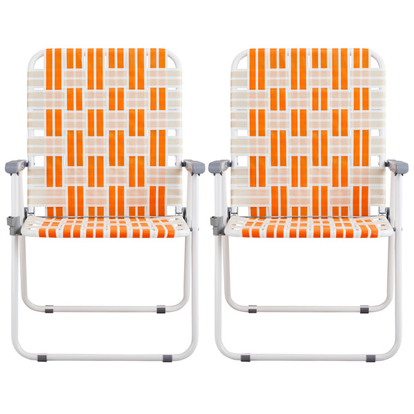 Set of 2 Webbed Folding Beach Chairs, Outdoor Patio Lawn Foldable Chairs for Camping Fishing Yard Poolside BBQ, Orange & White