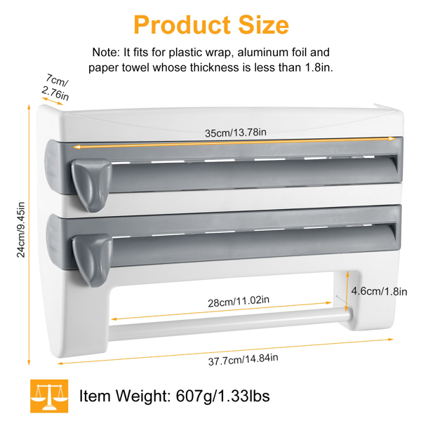 Magnetic Plastic Wrap Dispenser with Cutter - Refillable Aluminum Tin Foil and Plastic Wrap Organizer for Kitchen,