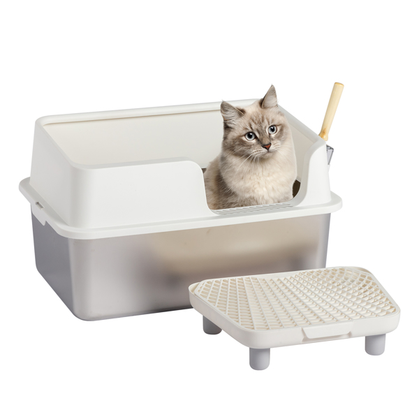 Stainless Steel Cat Litter Box with Lid, Extra Large Litter Pan with High Sides for Big Cats, Kitty Litter Box with Pedal Filter and Scoop, No Odor, Non-Sticky, Anti-Leakage, Easy Cleaning, White