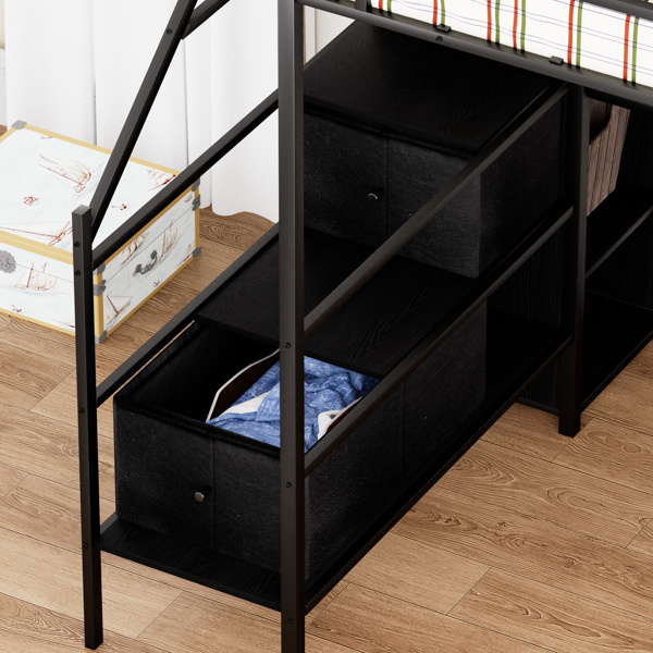 Full Size Metal Loft Bed with L-shaped Desk, LED Lights, Charging Cradle, LED Loft Bed Frame, Full Size Bed with One Cabinet Wardrobe and 2 Fabric Drawers, Safety Rails and Ladder, Black
