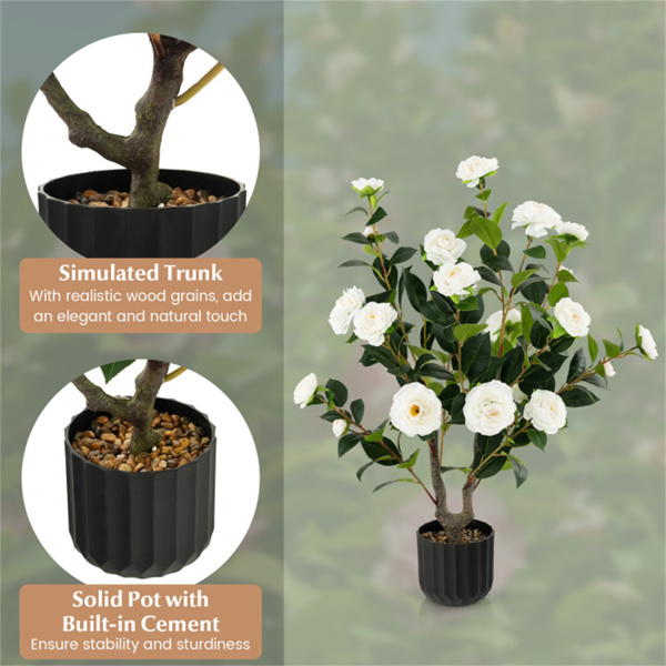 2 PCS 38 Inch Artificial Camellia Tree Faux Flower Plant in Cement White