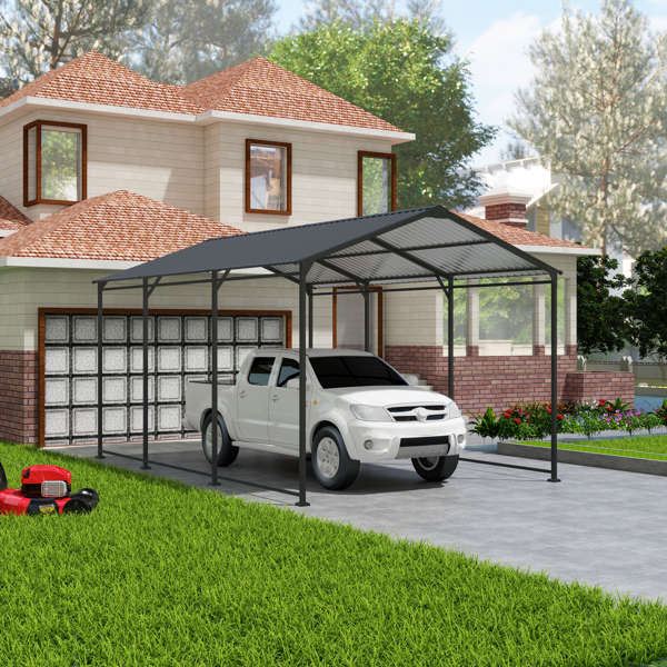 Metal Carport 10 ×15 FT Heavy Duty with Galvanized Steel Roof, Metal Garage Canopy with Galvanized Steel Roof & Frame, Car Tent Outdoor Storage Shed for Car, Boats and Truck, Gray 