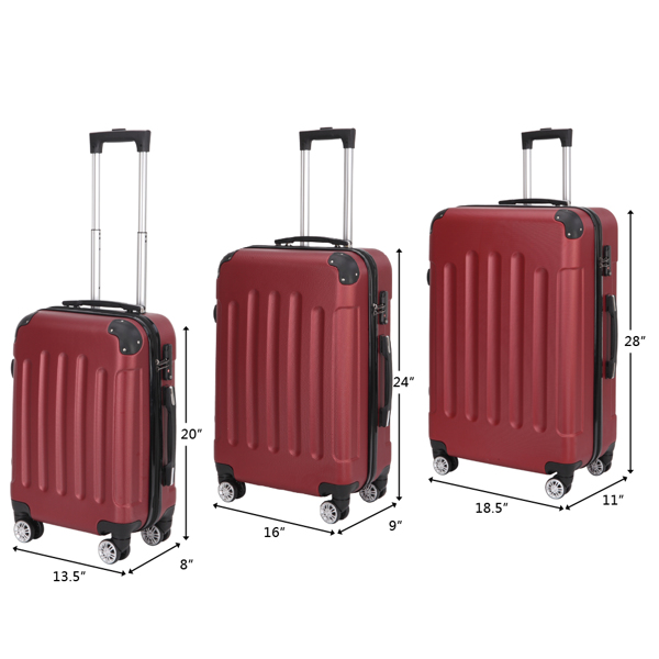 3-in-1 Portable ABS Trolley Case 20" / 24" / 28" Wine Red