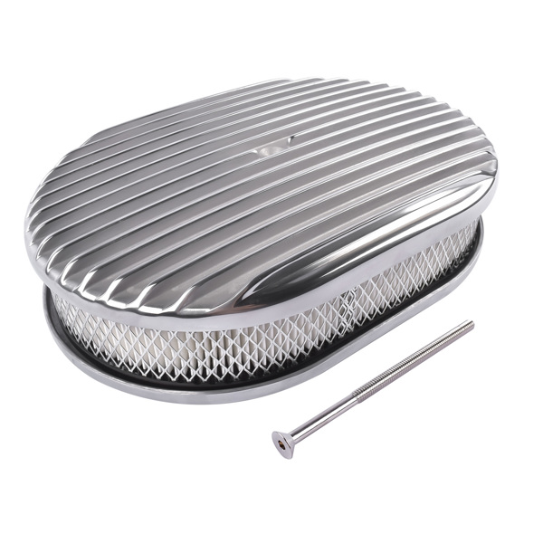 空气滤清器 12" Oval Aluminum Full Finned Air Cleaner Polished Paper Element Fits for SB & BB CHEVY FORD & MOPAR CHRYLER DODGE PLYMOUTH-1