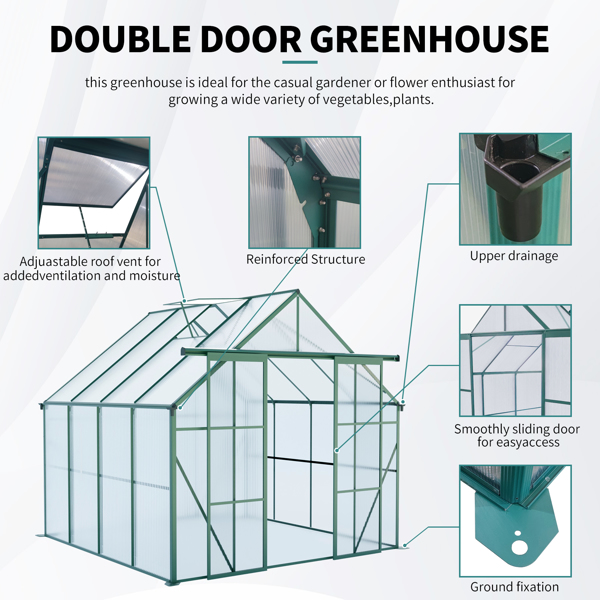 8x8 FT Double Door Polycarbonate Greenhouse Raised Base and Anchor Aluminum Heavy Duty Walk-in Greenhouses for Outdoor Backyard in All Season,Green