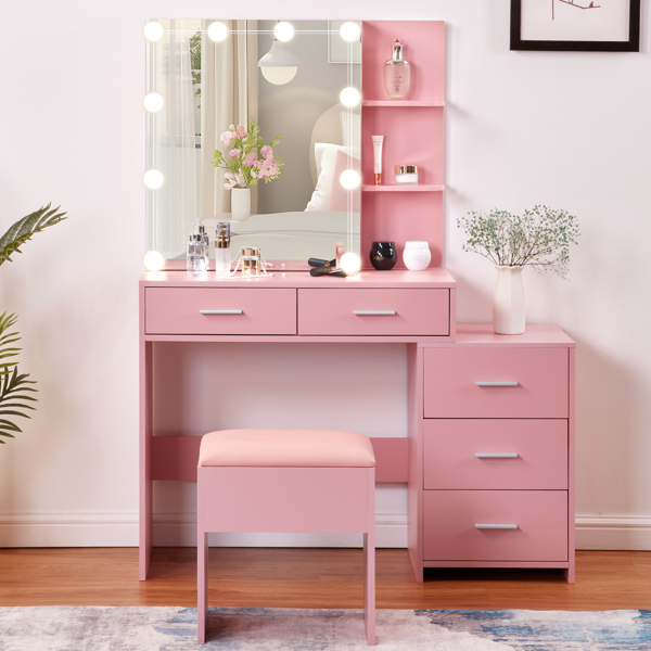 Pink Textured Particle Board with Melamine Laminate Five-Drawer Two-Shelf Sliding Door Mirror Cabinet Dressing Table Set with Three-Color Dimmable Bulb