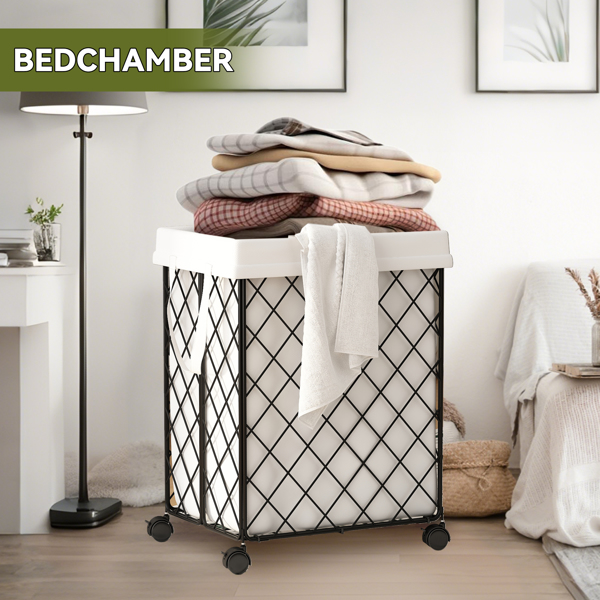 Laundry Basket with Wheels, Rolling Laundry Hamper, Detachable and washable lining, metal frame, suitable for bedrooms, bathrooms, laundry rooms, white