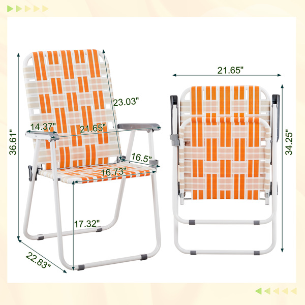 Set of 2 Webbed Folding Beach Chairs, Outdoor Patio Lawn Foldable Chairs for Camping Fishing Yard Poolside BBQ, Orange & White