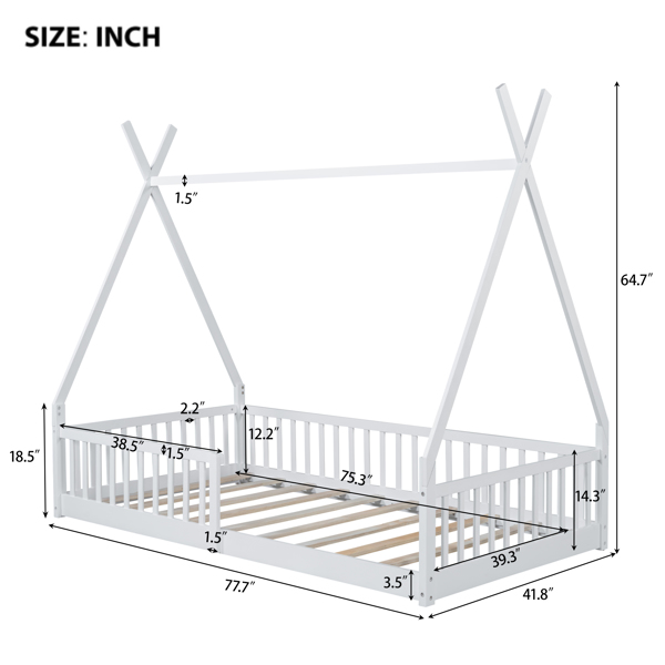 Twin Size Wood House Bed with Fence, White(ETA:2.27)