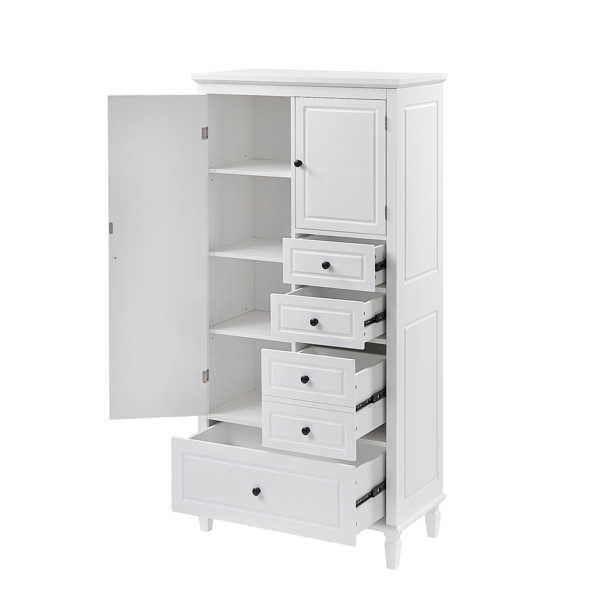 Tall and Wide Storage Cabinet with Doors for Bathroom/Office/Living Room/Indoor, Four Drawers of Different Sizes, Adjustable Shelves, White