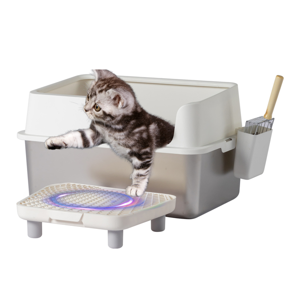 Stainless Steel Cat Litter Box with Lid, Extra Large Litter Pan with High Sides for Big Cats, Kitty Litter Box with Pedal Filter and Scoop, No Odor, Non-Sticky, Anti-Leakage, Easy Cleaning, White