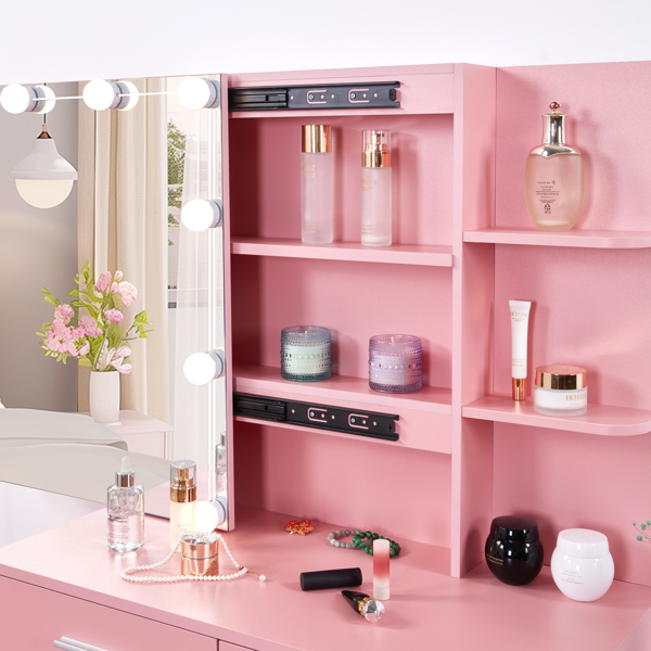 Pink Textured Particle Board with Melamine Laminate Five-Drawer Two-Shelf Sliding Door Mirror Cabinet Dressing Table Set with Three-Color Dimmable Bulb