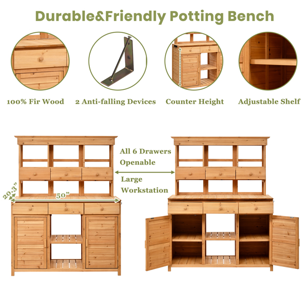 [Assembly Video Provided] 65.7'' H Tall Garden Potting Bench Table with Hutch,Patio Storage Workstation with 3 Shelves,6 Drawers,2 Bottom Cabinets&Side Hooks for Mudroom,Doorway, Natural