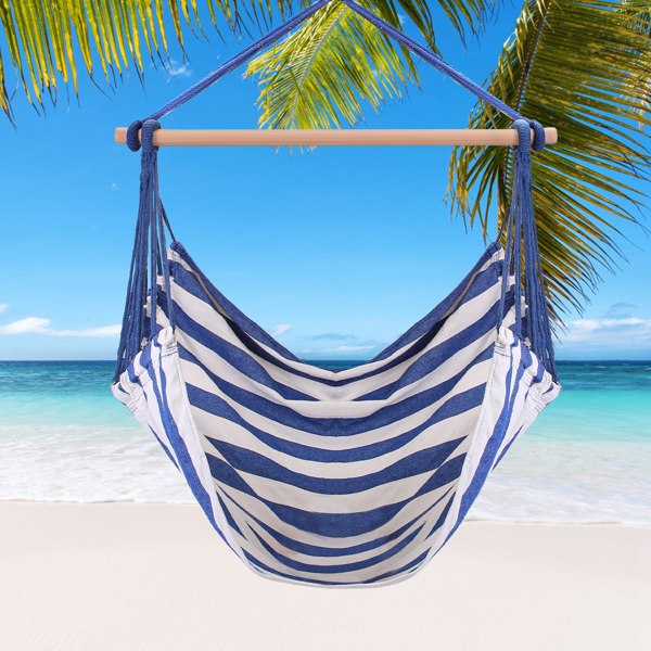 Hammock Hanging Chair Canvas Porch Patio Swing Seat Portable Camping Rope Seat Wooden Stick Hammock Chair with 2 Pillows 265LBS Load-bearing