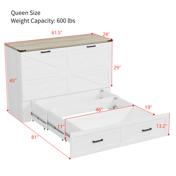 Queen Size Farmhouse Murphy Cabinet Bed with Charging Station, Foldable Platform Bed with Large Storage Drawer for Guest-Room, Small Bedroom, White