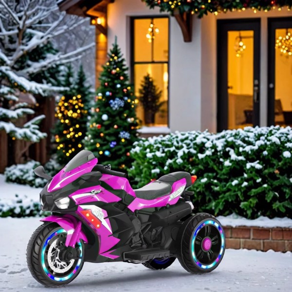 12V Electric Motorcycle for Kids, 3-Wheel Ride On Motorbike, Battery Powered Ride on Toy with LED Light Wheels, MP3, up to 110lbs, Purple，three wheels