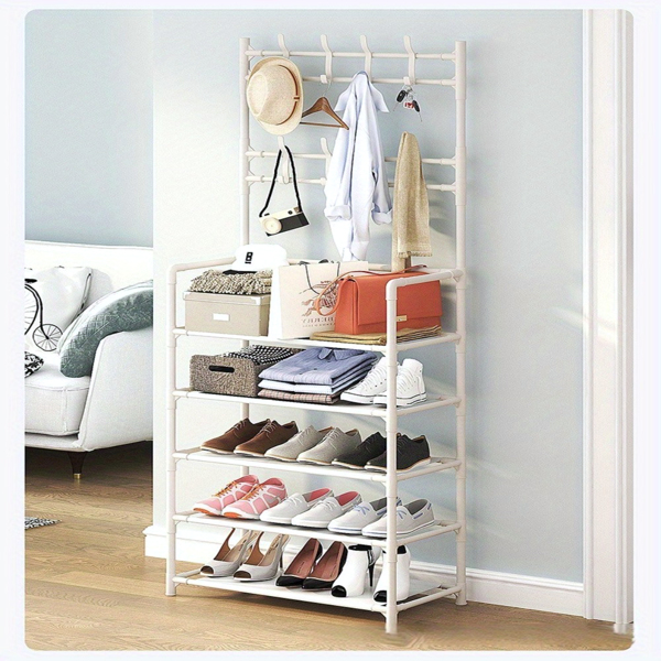 5-Tier Multi-Functional Shoe Rack & Coat Stand – Freestanding Entryway Organizer for Shoes, Boots, Hats & Coats, Fits 10-15 Pairs, Ideal for Bedrooms, Hallways & Dorms