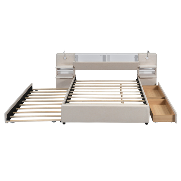 Queen Size Upholstered Platform Bed with Reading Lights, Drawers, Trundle and Shelves, Beige