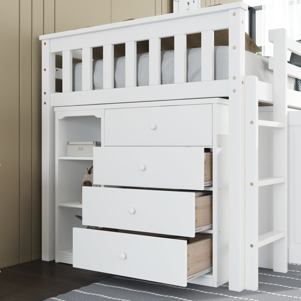 Twin Loft Bed with Storage Cabinet, Drawer and Shelf Cabinet and Pulling-Out Desk, Rubber Wood Loft Bed with Safety Guardrail, Ladder,White