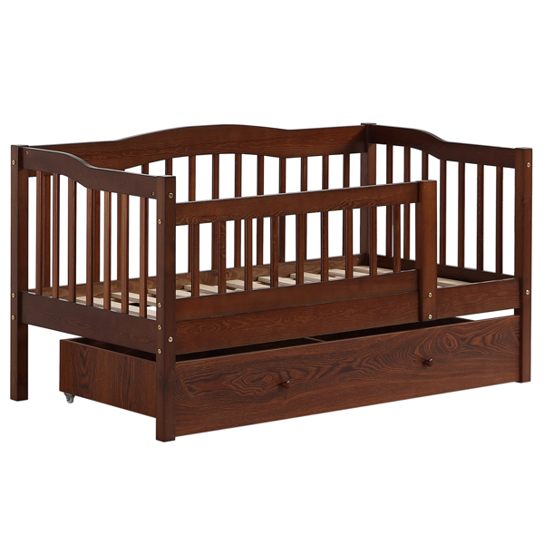 FCH Vertical Fence Brown Painted Pine Toddler Bed with Bottom Drawer and Side Car Bed