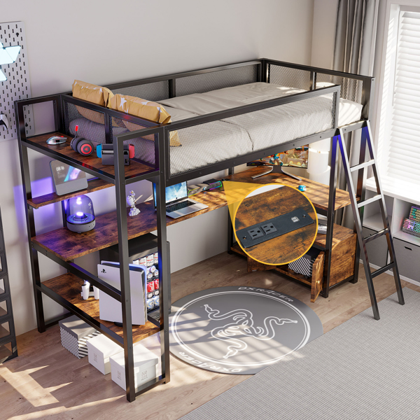Twin Size Metal Loft Bed with Built-in Work Station, LED and Multiple Storage, Black
