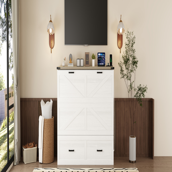 Queen Size Farmhouse Murphy Cabinet Bed with Charging Station, Foldable Platform Bed with Large Storage Drawer for Guest-Room, Small Bedroom, White