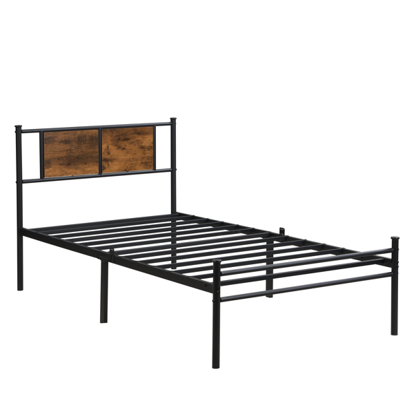 Twin Size metal bedframe,Headboard with wood panel decoration,black