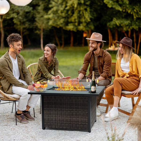 Outdoor Fire Pit 50,000 BTU Propane Gas Fire Table with Lid Fireplace with Glass Wind Guard Wicker Base for Garden, Patio, Backyard, 44"