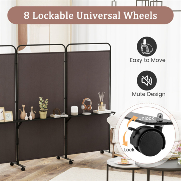 3-Panel Folding Divider with Lockable Wheels and 3 Metal Shelves Brown