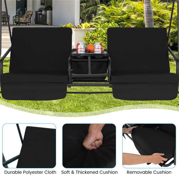 2 Seater Porch Swing Chair with Handy Storage and 360° Rotatable Tray Black